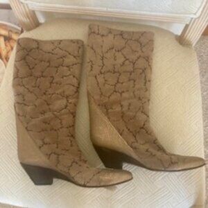 Women's EL VAQUERO Italian Tan Suede BOOTS W/ SNAKESKIN TRIM / WEDGE HEEL  7 1/2